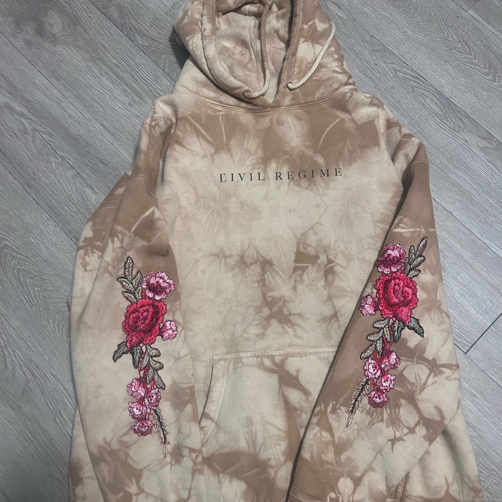 Civil Regime Men's Beige Tie-Dye Hoodie with Floral Embroidery